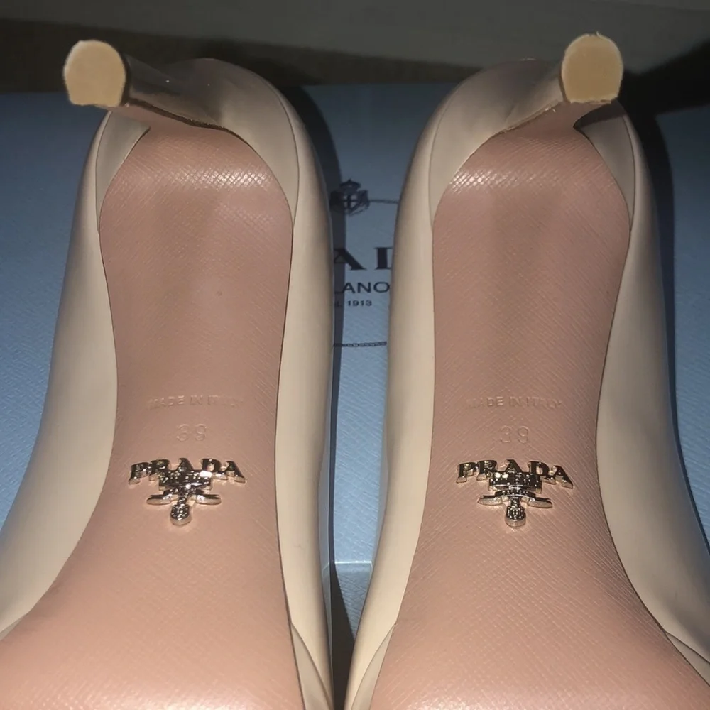 PRADA Nude Patent Leather Platform Peep Toe Pumps size 39